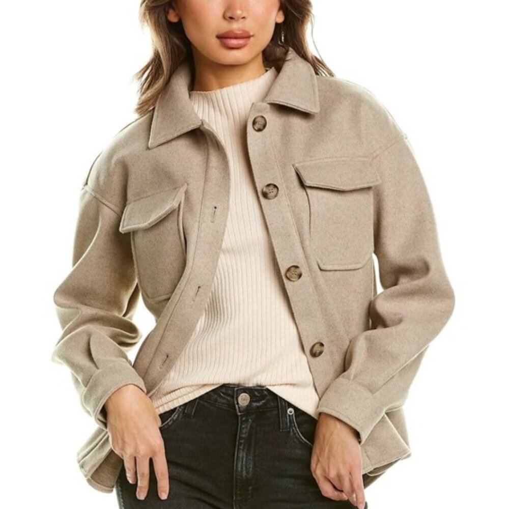 NWT Avec Les Filles Button Front Womens Shacket Beige Fall Layer Versatile Sz S